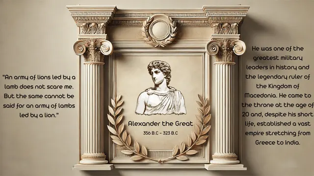A column-framed panel about Alexander the Great